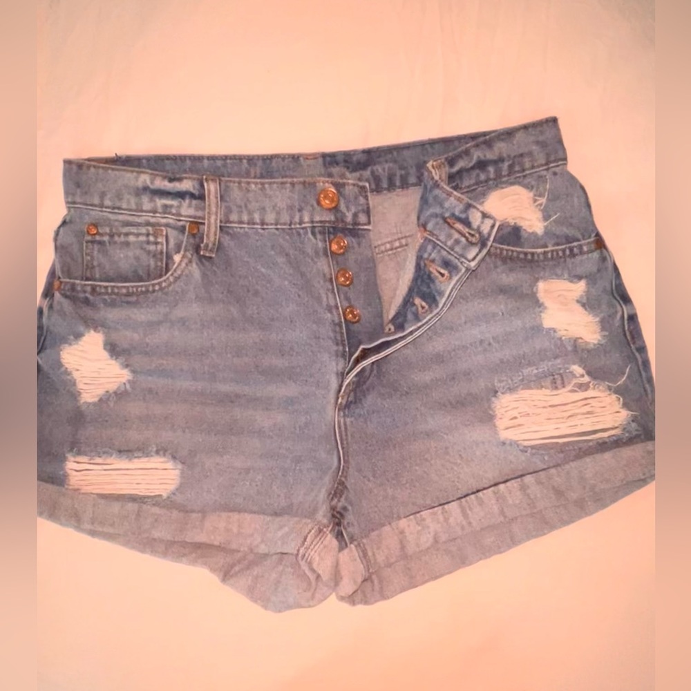 Distressed Jean Shorts with Cuffed Hem